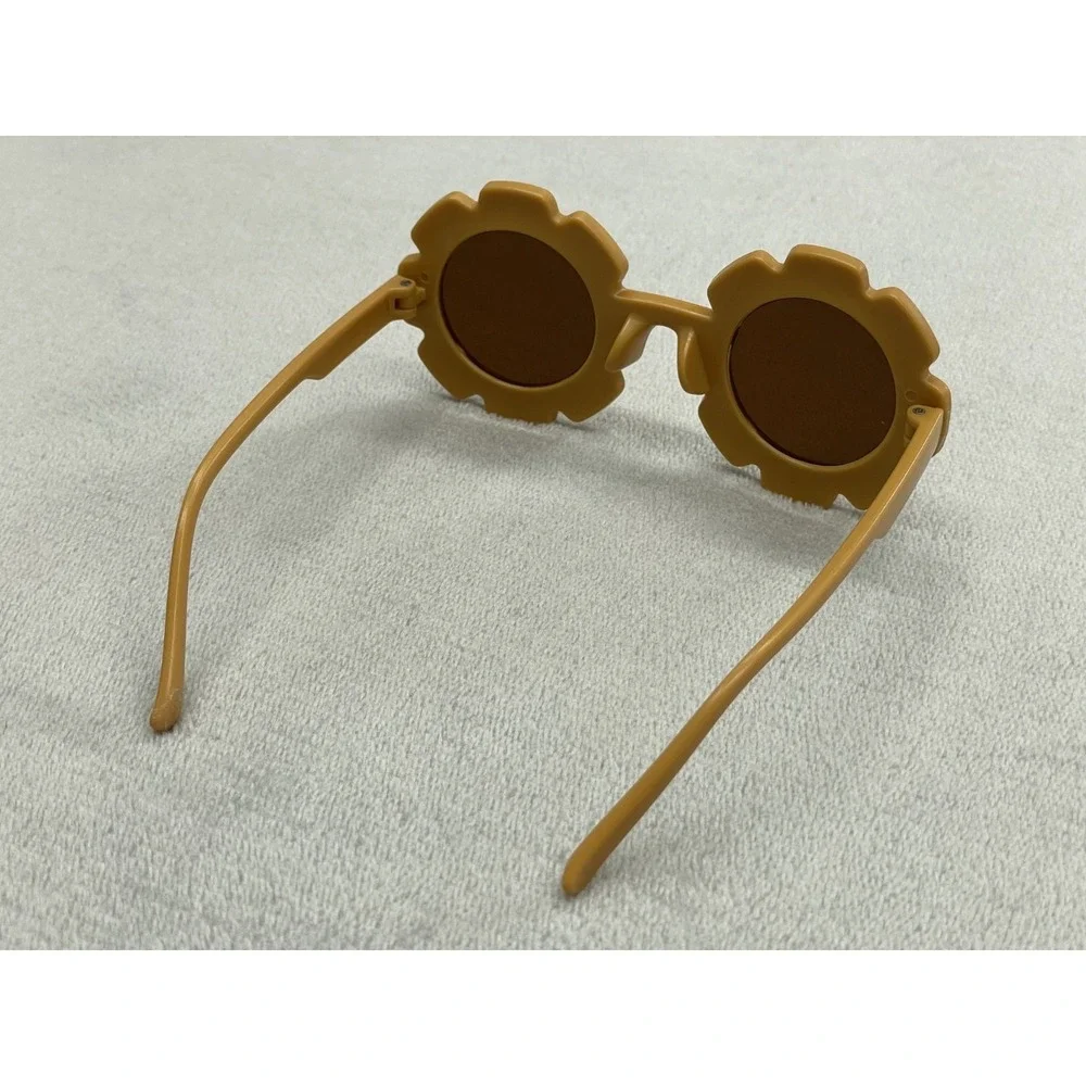 Retro Flower Round Sunglasses Kids Yellow Sunflower Frame Dark Lens w/ Pouch